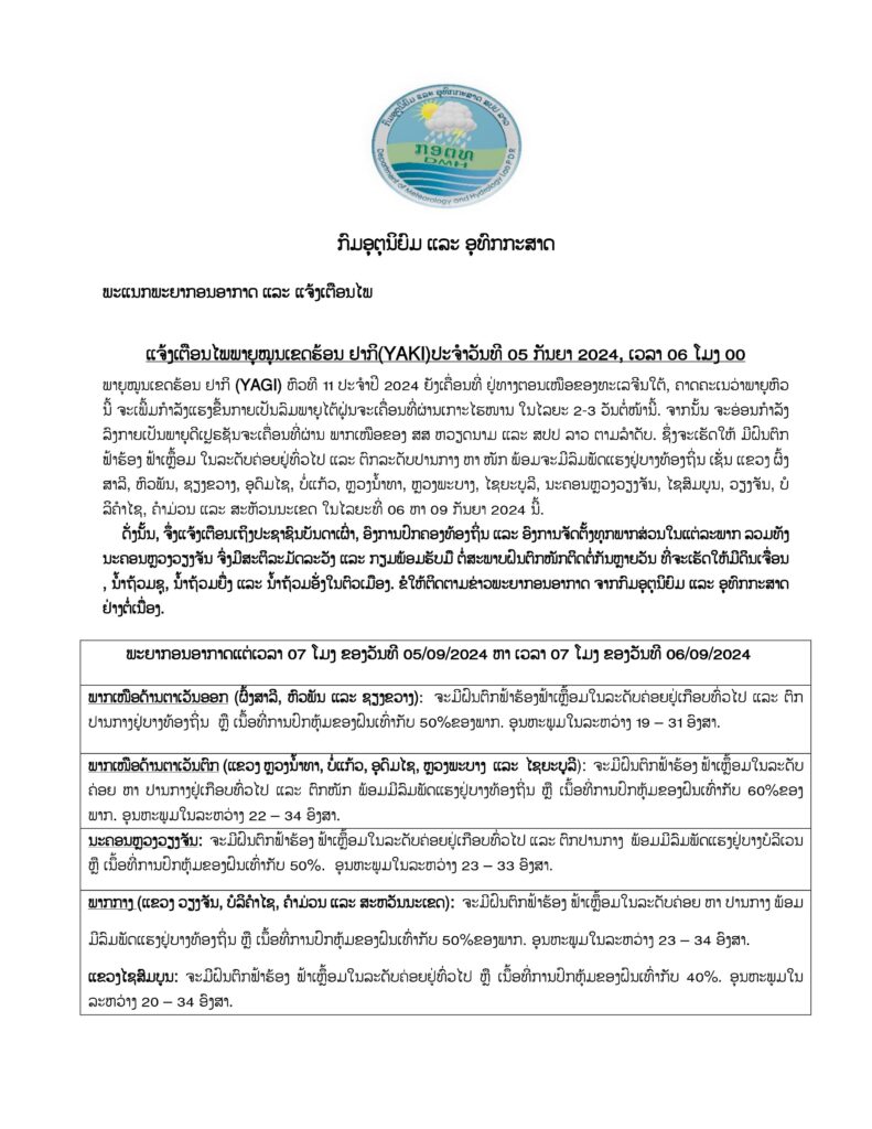 ອຸຕຸເຕືອນ! ແຕ່ລະພາກຈົ່ງກຽມພ້ອມຮັບມື ພາຍຸ ຢາກິ ທີ່ຈະເຮັດໃຫ້ຝົນຕົກໜັກຕິດຕໍ່ກັນຫລາຍວັນ ແລະ ມີດິນເຈື່ອນ ນໍ້າຖ້ວມຊຸ - YAKI 05 2024 00 images 0 791x1024 - ອຸຕຸເຕືອນ! ແຕ່ລະພາກຈົ່ງກຽມພ້ອມຮັບມື ພາຍຸ ຢາກິ ທີ່ຈະເຮັດໃຫ້ຝົນຕົກໜັກຕິດຕໍ່ກັນຫລາຍວັນ ແລະ ມີດິນເຈື່ອນ ນໍ້າຖ້ວມຊຸ ອຸຕຸເຕືອນ! ແຕ່ລະພາກຈົ່ງກຽມພ້ອມຮັບມື ພາຍຸ ຢາກິ ທີ່ຈະເຮັດໃຫ້ຝົນຕົກໜັກຕິດຕໍ່ກັນຫລາຍວັນ ແລະ ມີດິນເຈື່ອນ ນໍ້າຖ້ວມຊຸ - YAKI 05 2024 00 images 0 791x1024 - ອຸຕຸເຕືອນ! ແຕ່ລະພາກຈົ່ງກຽມພ້ອມຮັບມື ພາຍຸ ຢາກິ ທີ່ຈະເຮັດໃຫ້ຝົນຕົກໜັກຕິດຕໍ່ກັນຫລາຍວັນ ແລະ ມີດິນເຈື່ອນ ນໍ້າຖ້ວມຊຸ